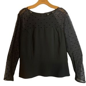 Ann Taylor Black Blouse Long Sleeve Polka Dot Sheer Sleeve Top Size Women's 14